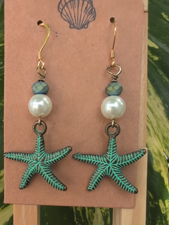 Jewelry - Handcrafted Turquoise Starfish Pearl Drop Earrings